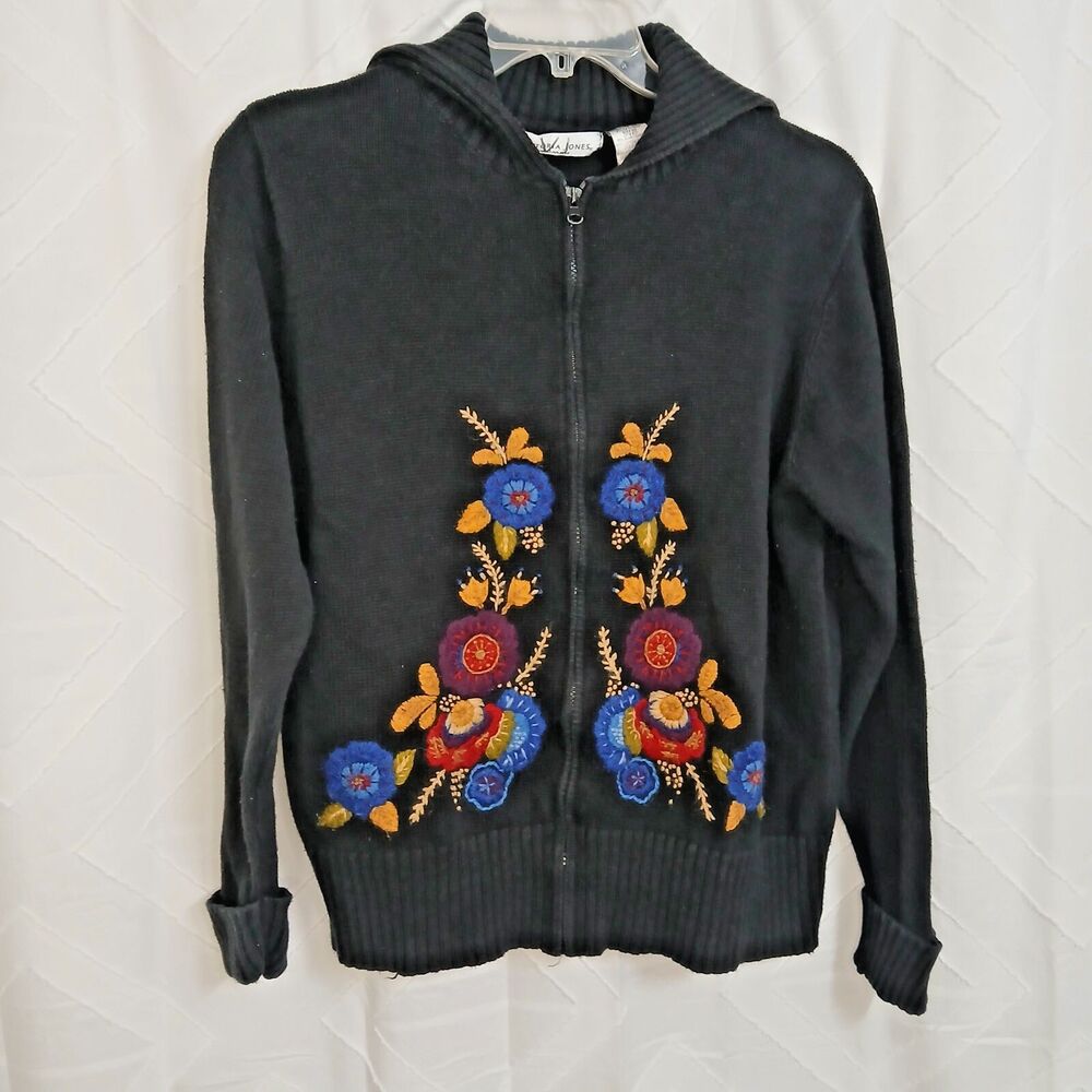 Victoria Jones Woman Vtg  Sweater Sz 2XL Embroidered Flowers Black Full Zipper